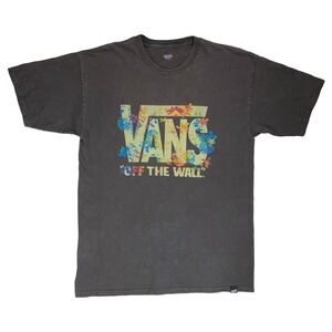 VANS Off The Wall T Shirt LARGE Black Short Sleeve Logo Graphic Tee Floral Print